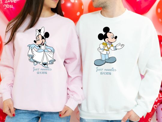 Discover Minnie & Mickey Wedding Shirt, Disney Custom Just Married Sweathirt, Disneyland Honeymoon Matching Hoodie, Bride Groom Couple Tee