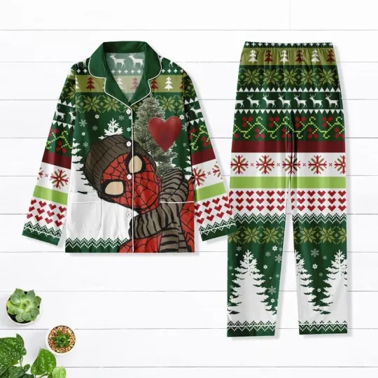 Spiderman Funny Superhero Gift For Fan Green Holiday Sleepwear Xmas Pajamas Set