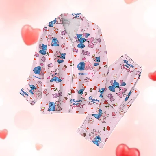 Discover Stitch And Angel XoXo Happy Valentine's Day Ohana Means Family Pajamas Set