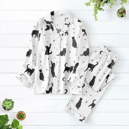 Discover Black Cat Pajamas Set, Cute Kitty Sleepwear For Women, Spooky Cat Lover Matching