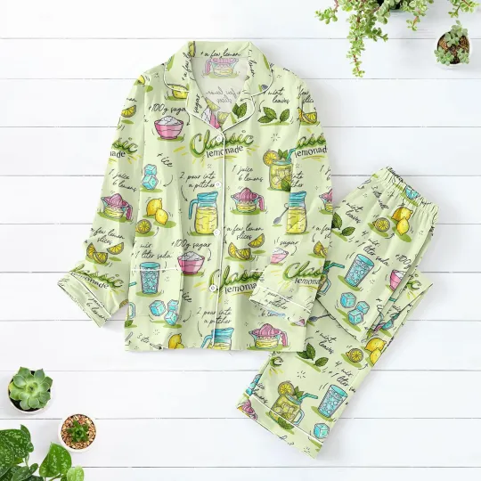Discover Classic Lemonade Pajama Set, Citrus Recipe Print Long PJs, Summer Drink