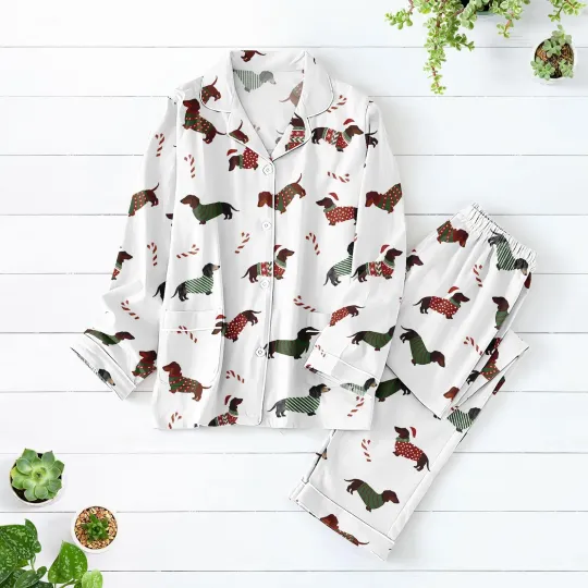 Christmas Dachshund Dog Pajamas Set, Sausage Dog Xmas Women Pajamas