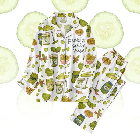 Pickle Girlies Pajama Set, Funny Food Print PJs, Cute Pickle Lover