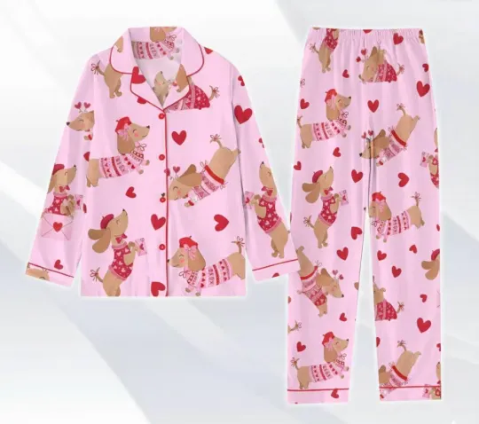 Pink Dachshund Dog Print Pajamas, Valentine's Day Loungewear, Valentine Gift