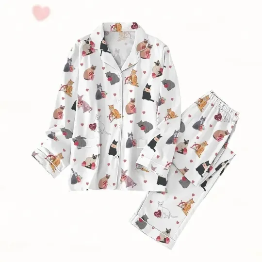 Discover Valentine Cat Pajama Set Women Cat Mom Heart Animal Lover Gift