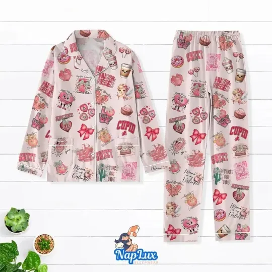 Valentine Cupid Pajama Set Coquette Bow Hearts Holiday Gift for Her