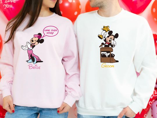 Discover Minnie Bride & Mickey Groom Shirt, Disney Custom Wedding Sweat, Disney Game Over Honey Hoodie, WDW Honeymoon Trip Matching Sweatshirt