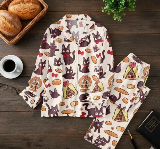 Discover Black Cat & Bread Print Pajamas, Nightwear for Women, Gifts for Her