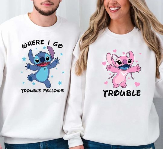 Discover Custom Comfort Colors Disney Lilo And Stitch Couple Shirt, Stitch And Angel Where I Go Trouble Follows Shirt, Disneyland Couple Matching Tee