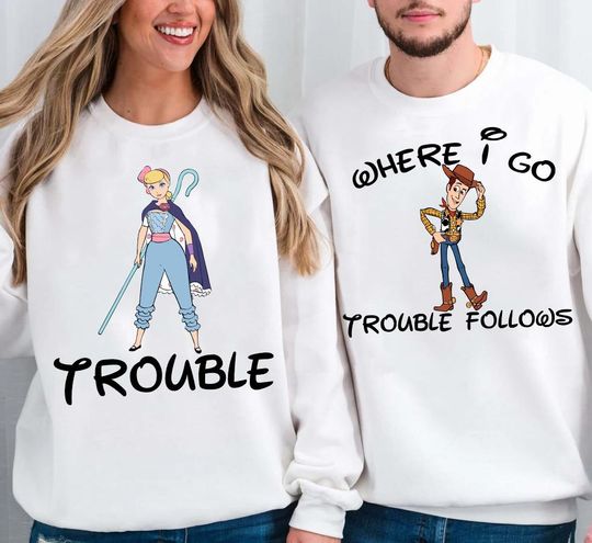 Discover Disney Pixar Toy Story Woody & Bo Peep Couple Matching Shirts, Disneyland Toy Story Comfort Colors Tee, Where I Go Trouble Follows Shirt