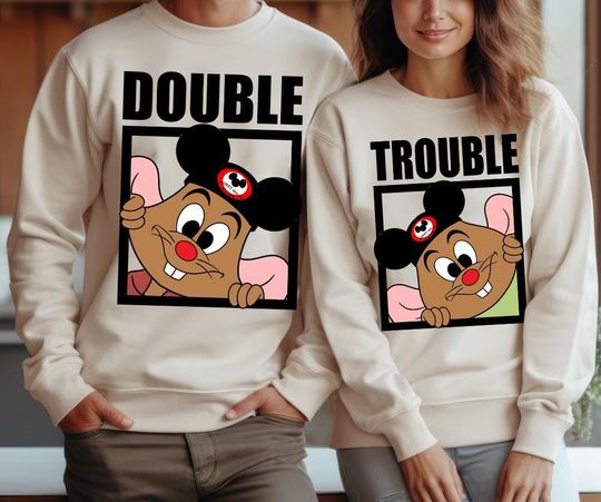 Discover Disney Cinde Jaq And Gus Double Trouble Comfort Colors T-Shirt, Disney Couple Shirts, Magic Kingdom Disneyland Couple Matching Tee