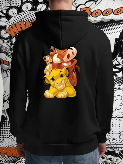 Discover 1pc Men's Disney The Lion Cub & Friends Hooded Sweatshirt - Simba & Mufasa Print