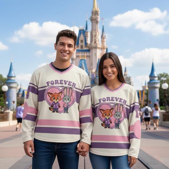 Discover Personalized Nick Wilde & Judy Hopps Couple Hockey Jersey, Custom Name Number Valentine Shirt, Couple Gift