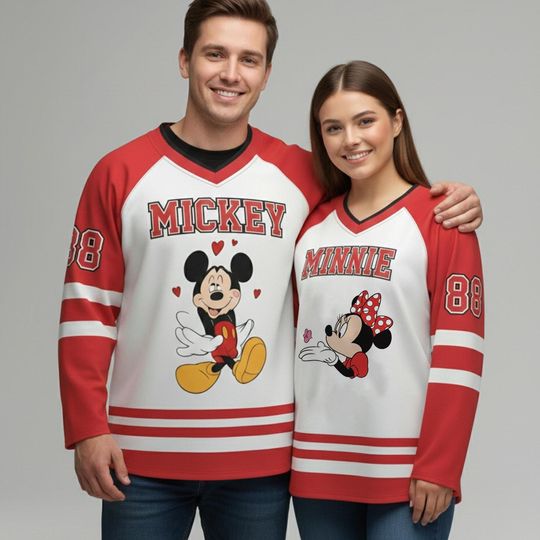 Discover Personalized Mickey & Minnie Hockey Jersey, Valentine Gift, Disney Couple Matching Jersey, Disney Valentine Gift