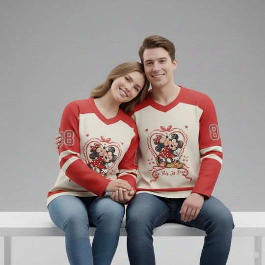 Discover Custom Coquette Bow Disney Mickey Minnie Valentine Hockey Jersey, Disney Couple WDW Disneyland Gift
