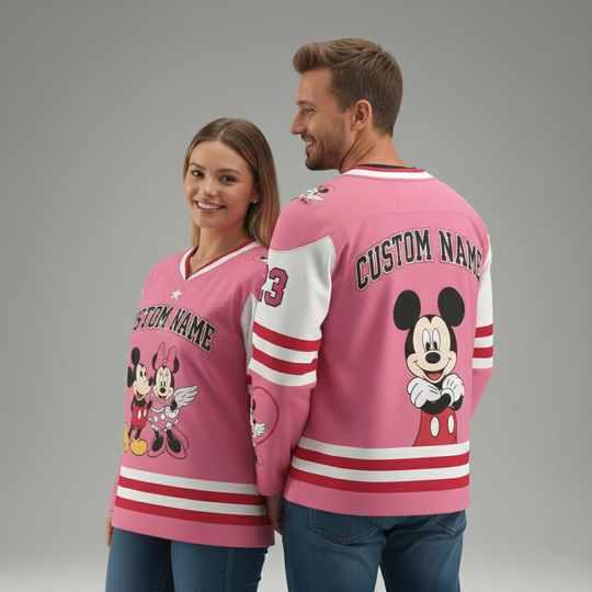 Discover Personalized Disney Mickey & Minnie Valentine Hockey Jersey, Custom Name And Number Disney Couple Fan Gift