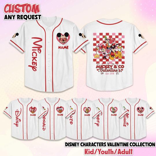 Discover Personalized Disney Characters Valentine Baseball Jersey, Custom Mickey & Co Valentine Jersey Shirt, Disney Couple Gift