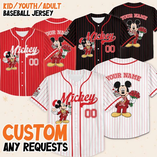 Discover Custom Disney Mickey Valentine Xoxo Baseball Jerseys, Disneyland Kid Youth Adult Valentine Jersey, Mickey Minnie Lovers Jersey