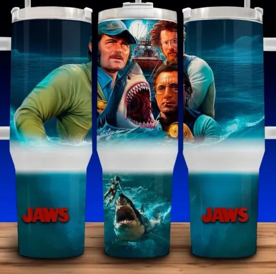 Discover 40oz Jaws 70s Great White Shark Tumbler with Handle and Gradient Design