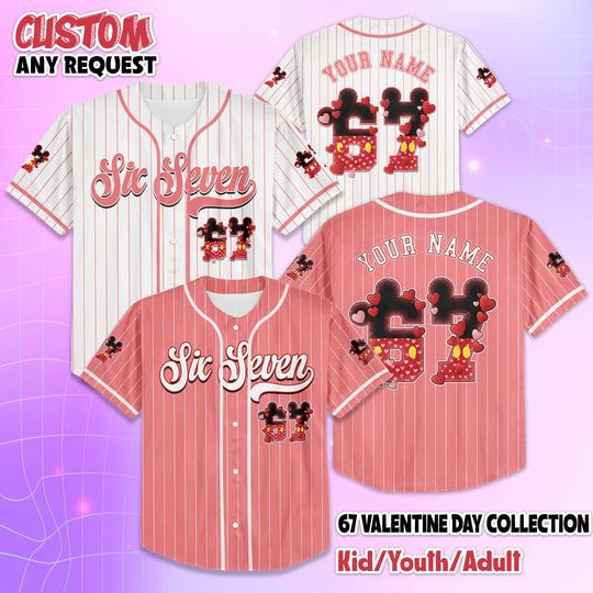 Discover Personalized 67 Valentine Day Baseball Jersey, Custom Funny Six Seven Valentine Day Jersey, Disney Couple Gift