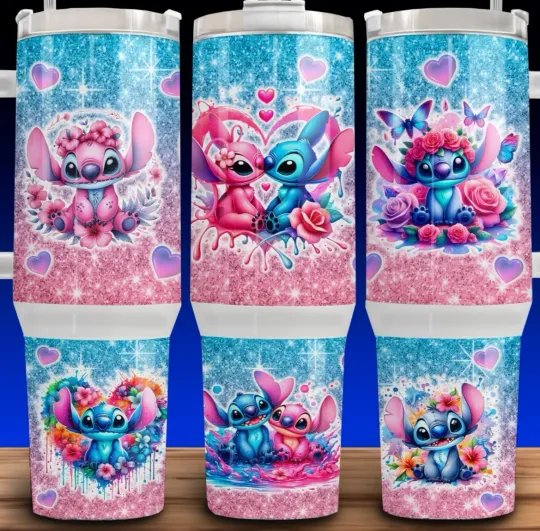 40 oz Stitch and Angel Butterfly Tumbler with Handle, Pink and Blue Gradient
