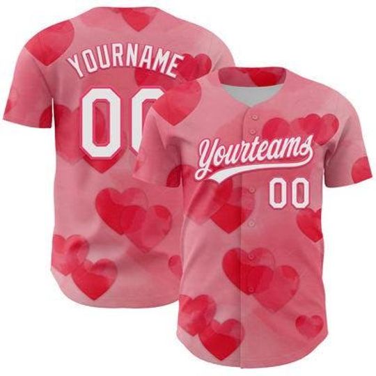 Custom Neon Pink White 3D Love Heart Valentines Day Baseball Jersey, Personalized Name Number Gift, Cute Couple Matching Shirt