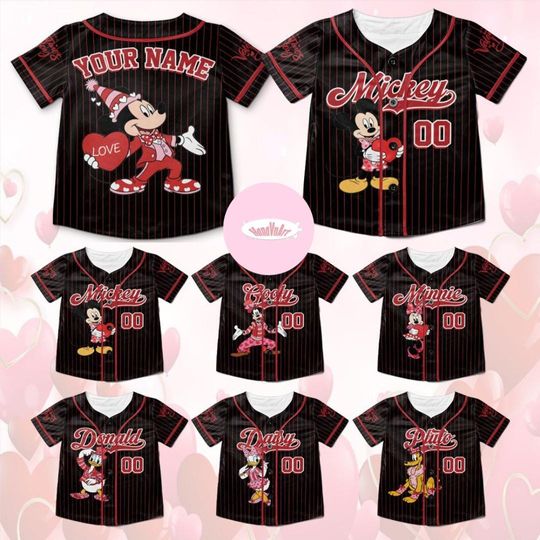 Discover Personalized Disney Valentine Baseball Jersey, Mickey and Friends Happy Valentine's Day 2026, Disney Lovers XOXO Valentine Couple Matching