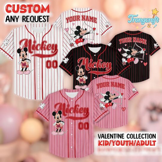Discover Personalized Mickey Valentine Baseball Jersey, Custom Name Number Shirt for Kid Youth Adult, Disney Couple Gift, Valentine Family Outfit