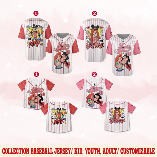 Discover Valentine Couple Baseball Jersey, Max & Roxanne Matching Jersey Shirt, Custom Name Disney Couple Outfit, Honeymoon/Disney Trip Gift JCUR01