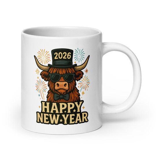 Discover Cow Themed Happy New Year Mug  Highland Cow New Years Mug  Cute Party Cow Coffee Cup  Funny New Year Gift  White Glossy Ceramic Mug