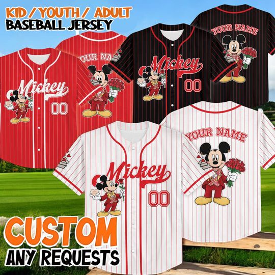 Discover Disney Mickey Valentine Baseball Jersey, Personalized Mickey Mouse Shirt, Kids Youth Adult Custom Baseball Jersey