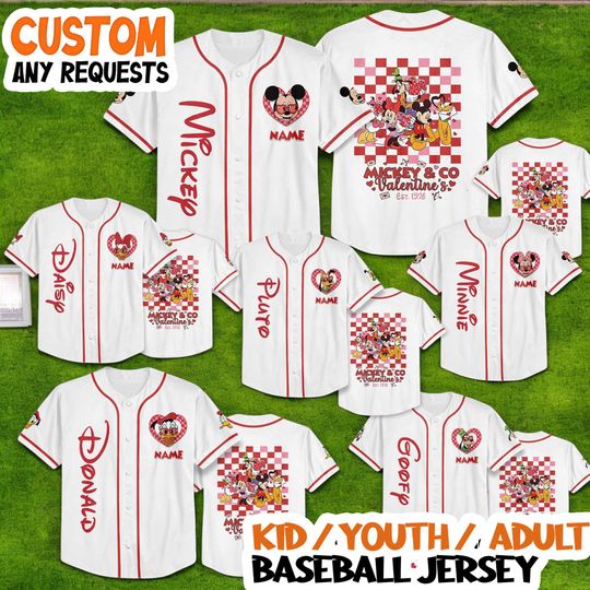 Discover Disney Mickey & Friends Valentine Baseball Jersey, Personalized Mickey Minnie Goofy Donald Shirt, Family Matching Jersey
