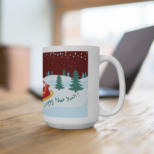 Discover Santa Sleigh Happy New Year Mug-15oz Christmas Holiday Coffee Cup-11oz mug-new year mug- happy new year mug