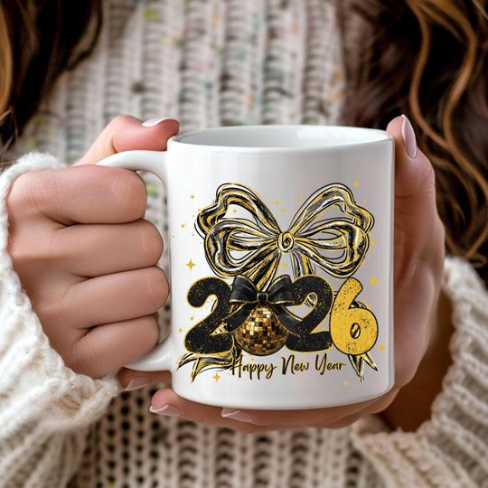 Discover 2026 New Year Mug, Happy New Year Coffee Cup, Gold Bow Glitter Mug, Holiday Gift Mug, New Years Eve Party Cup, Festive 2026 Ceramic Mug