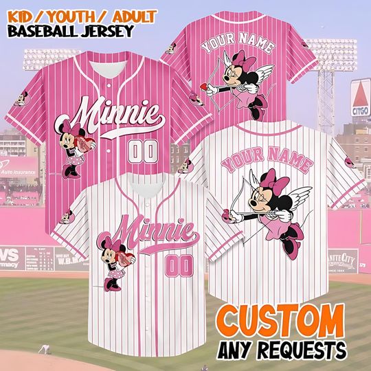 Discover Personalized Minnie Mouse Valentine Baseball Jersey, Custom Minnie Mouse Jersey Shirt, Disney Valentine Baseball Jersey, Baseball Jersey