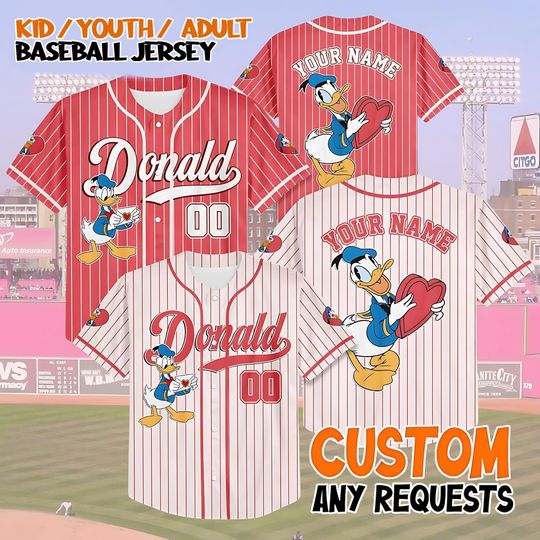 Discover Personalized Donald Duck Valentine Baseball Jersey, Custom Donald Duck Jersey Shirt, Disney Valentine Baseball Jersey, Baseball Jersey