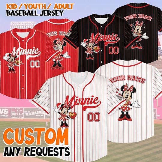Discover Custom Minnie Mouse Valentine Baseball Jersey, Personalized Disney Minnie Shirt, Kid Youth Adult Disney Valentine Jersey, Minnie Couple Gift