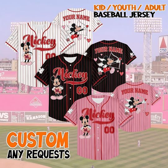 Discover Custom Mickey Mouse Valentine Baseball Jersey, Personalized Disney Mickey Minnie Shirt, Kid Youth Adult Matching Disney Valentine Jersey