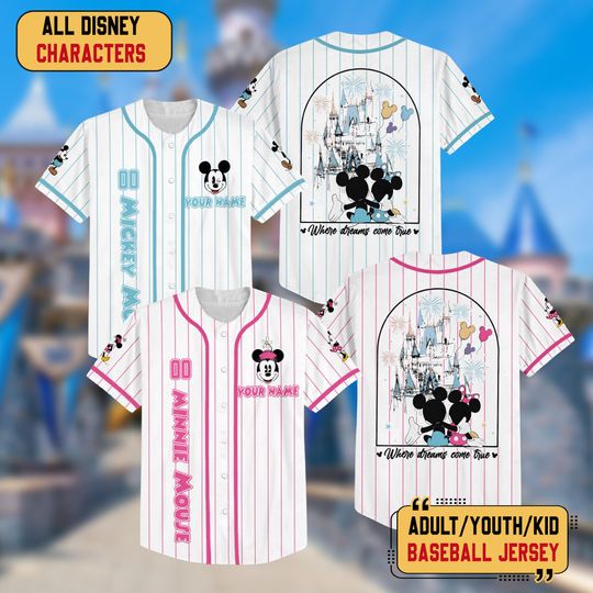 Discover Personalized Disney Minnie Couple Baseball Jersey, Mickey Minnie Gift For Valentine, Disneyland Trip Shirt, Matching Couple Jersey