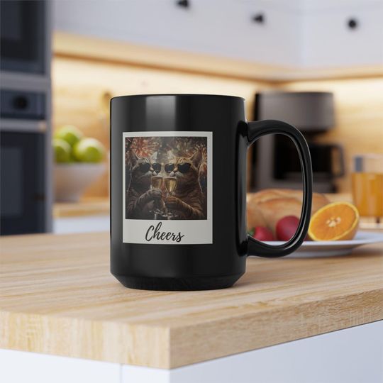 Discover Cats Drinking Champagne Cheers New Year Mug | 15oz Black Ceramic