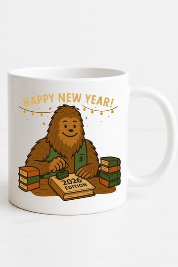 Discover Funny Bigfoot New Year Mug 2026 Edition | Sasquatch Librarian Coffee Cup | Cute Cryptid Book Lover Gift | Cozy Reading Mug for Readers