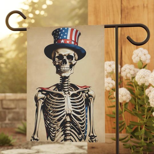 Discover Patriotic Skeleton Garden Flag: Spooky Americana Decor