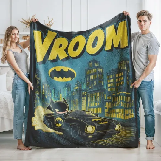 Discover Chibi Superhero Driving Car Flannel Blanket Cute Comic Kids Room Gift