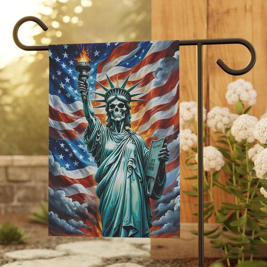 Halloween Garden Flag: Macabre Statue of Liberty, Patriotic Skeleton Decor