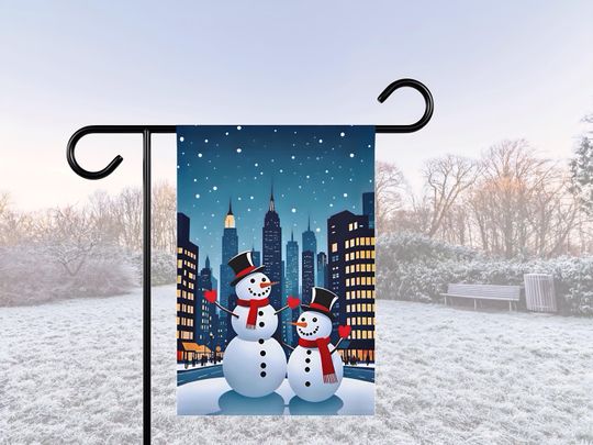 Discover Garden Banner, New Year Snowman Outdoor Decor, Cityscape Porch Flag, Holiday Garden Flag, Winter Yard Sign, Festive House Banner