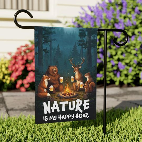 Discover Funny Camping Garden Flag: Animals Happy Hour Outdoor Decor