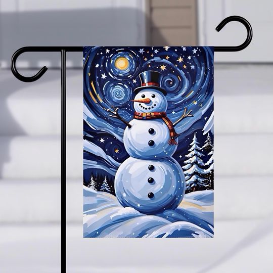 Garden & House Banner - Cheerful Snowman Winter Landscape, Starry Night Inspired - Holiday Outdoor Decor, Christmas Yard Sign, Festive