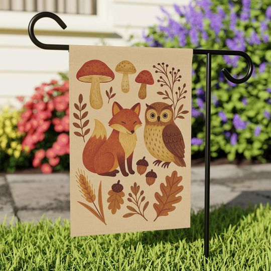 Discover Rustic Folk Garden Flag: Autumn Woodland Fox, Owl & Mushroom Decor