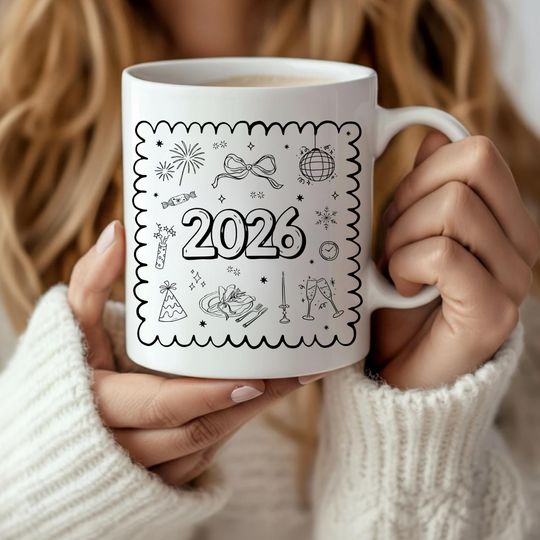 Discover 2026 Collage Mug with Hand-Drawn Festive Elements | New Years Cup for Her | Wavy Frame & Bow Design  | Holiday Coffee Mug in 2 sizes