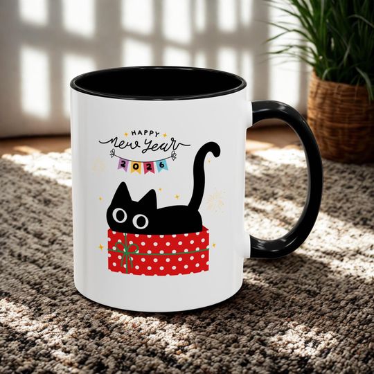 Discover Black Cat New Year 2026 Mug 11oz 15oz Accent Coffee Mug